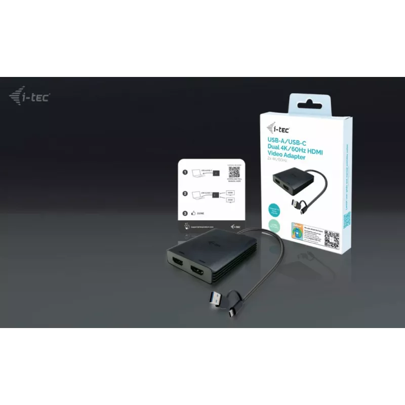 i-tec USB-A/USB-C Dual 4K/60 Hz HDMI Video Adapter, 0,27 m, USB Type-A/USB Type-C, 2 x HDMI, Męski, Żeński, 3840 x 2160 pikseli