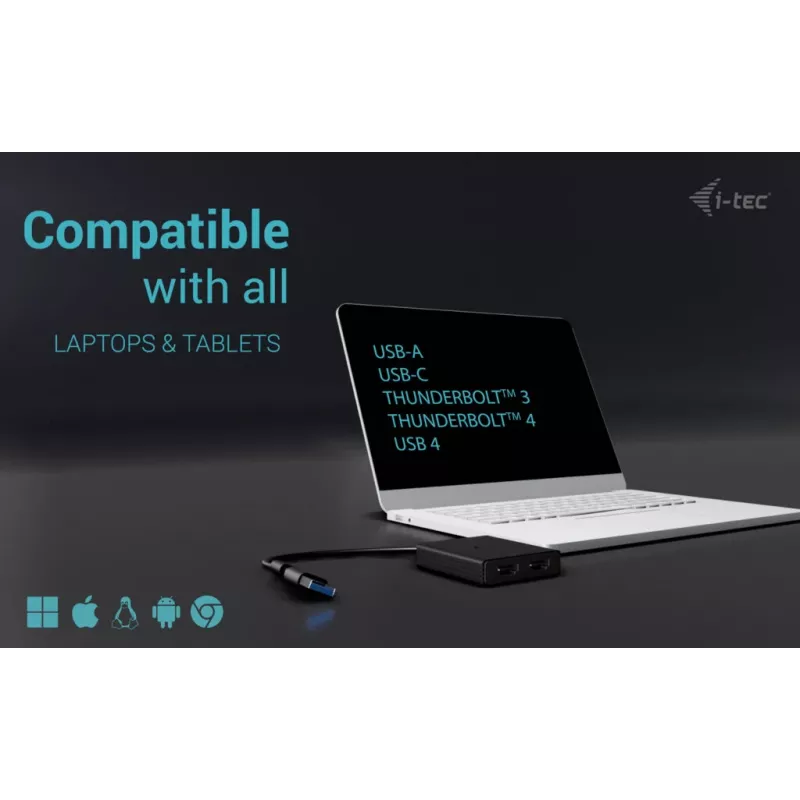 i-tec USB-A/USB-C Dual 4K/60 Hz HDMI Video Adapter, 0,27 m, USB Type-A/USB Type-C, 2 x HDMI, Męski, Żeński, 3840 x 2160 pikseli