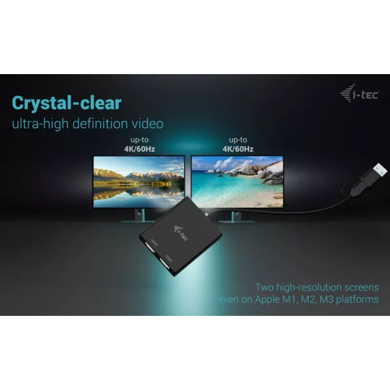 i-tec USB-A/USB-C Dual 4K/60 Hz HDMI Video Adapter, 0,27 m, USB Type-A/USB Type-C, 2 x HDMI, Męski, Żeński, 3840 x 2160 pikseli
