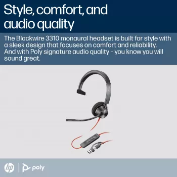 Zestaw słuchawkowy monofoniczny HP Poly Czarnywire 3310 z certyfikatem Microsoft Teams, USB-C + adapter USB-C/A