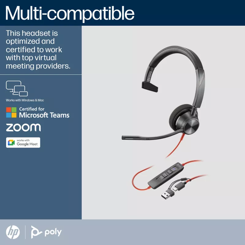 Zestaw słuchawkowy monofoniczny HP Poly Czarnywire 3310 z certyfikatem Microsoft Teams, USB-C + adapter USB-C/A