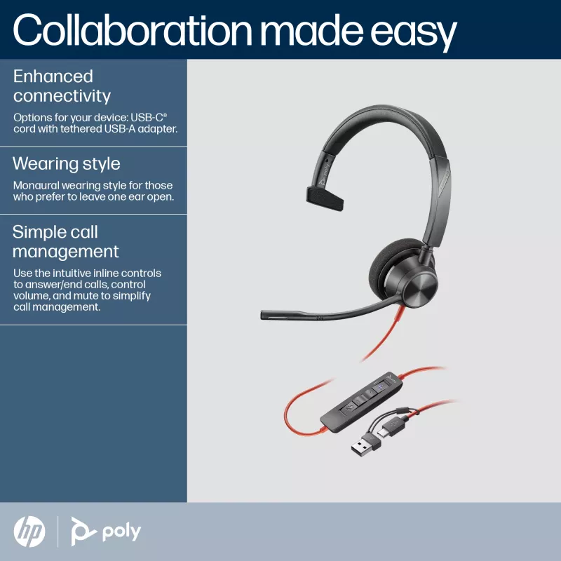 Zestaw słuchawkowy monofoniczny HP Poly Czarnywire 3310 z certyfikatem Microsoft Teams, USB-C + adapter USB-C/A