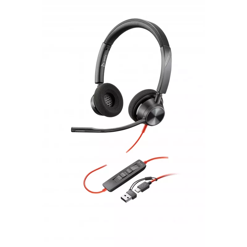 HP Poly Czarnywire 3320 stereofoniczny zestaw słuchawkowy USB-C +przejściówka USB-C/A