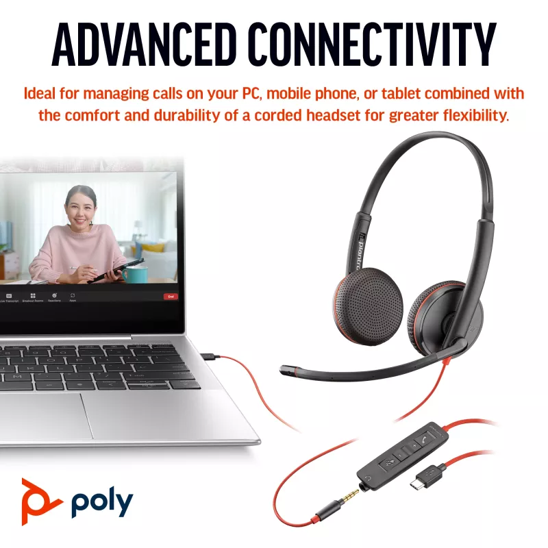 HP Poly Czarnywire 3225 stereofoniczny zestaw słuchawkowy USB-C + wtyk 3,5 mm + adapter USB-C/A