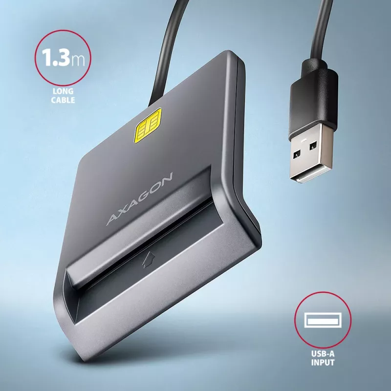 Axagon CRE-SM3T USB-A Smart / ID card płaski Reader, USB 2.0, 1,3 m, Czarny, 56 g
