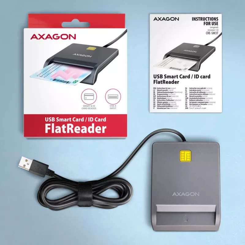 Axagon CRE-SM3T USB-A Smart / ID card płaski Reader, USB 2.0, 1,3 m, Czarny, 56 g