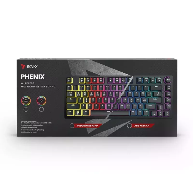 Klawiatura gamingowa Savio SAVGK-PHENIX żółty USB RF bezprzewodowa Bluetooth mechaniczna 82 klawisze RGB