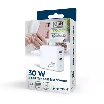 GEMBIRD 2-portowa 30W GaN szybka ładowarka USB LED biała — 1x USB-C PD 30W, 1x USB-A, 100–240V, 92 g