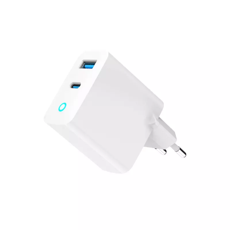 GEMBIRD 2-portowa 30W GaN szybka ładowarka USB LED biała — 1x USB-C PD 30W, 1x USB-A, 100–240V, 92 g
