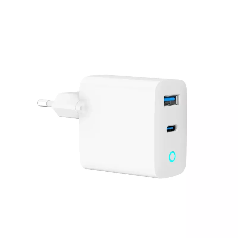 GEMBIRD 2-portowa 30W GaN szybka ładowarka USB LED biała — 1x USB-C PD 30W, 1x USB-A, 100–240V, 92 g