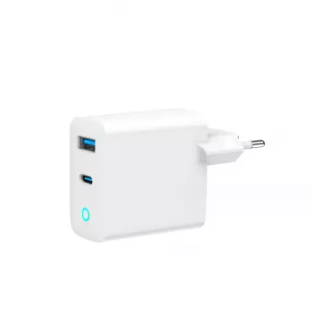 GEMBIRD 2-portowa 30W GaN szybka ładowarka USB LED biała — 1x USB-C PD 30W, 1x USB-A, 100–240V, 92 g