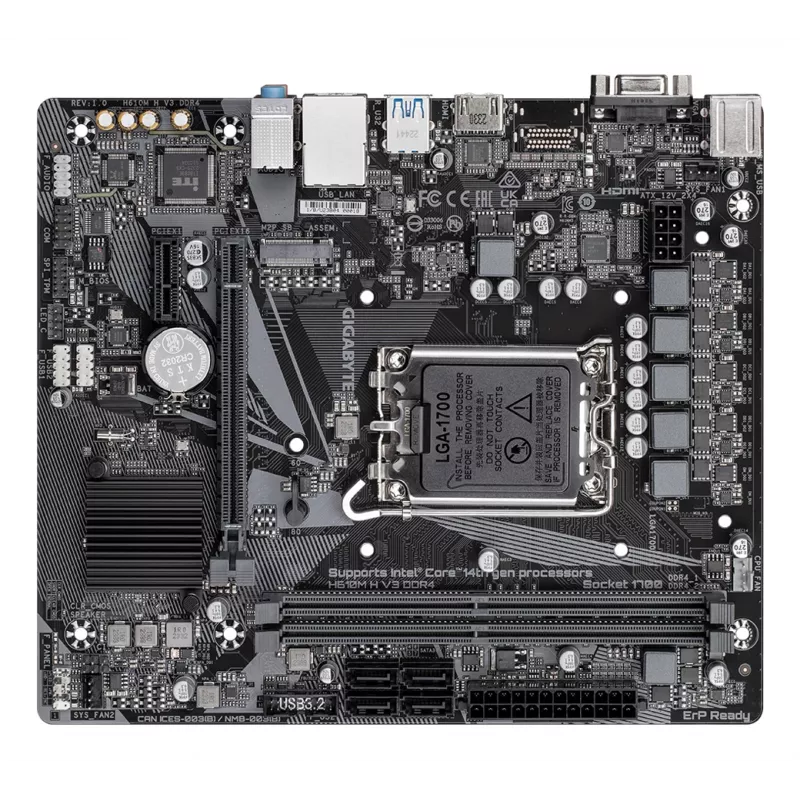 Płyta główna GIGABYTE H610M H V3 DDR4 - obsługa procesorów Intel Core 14. generacji, 4+1+1 faz hybrydowych VRM, pamięci DDR4 do 3200 MHz, 1x PCIe 3.0 M.2, LAN GbE, USB 3.2 Gen 1