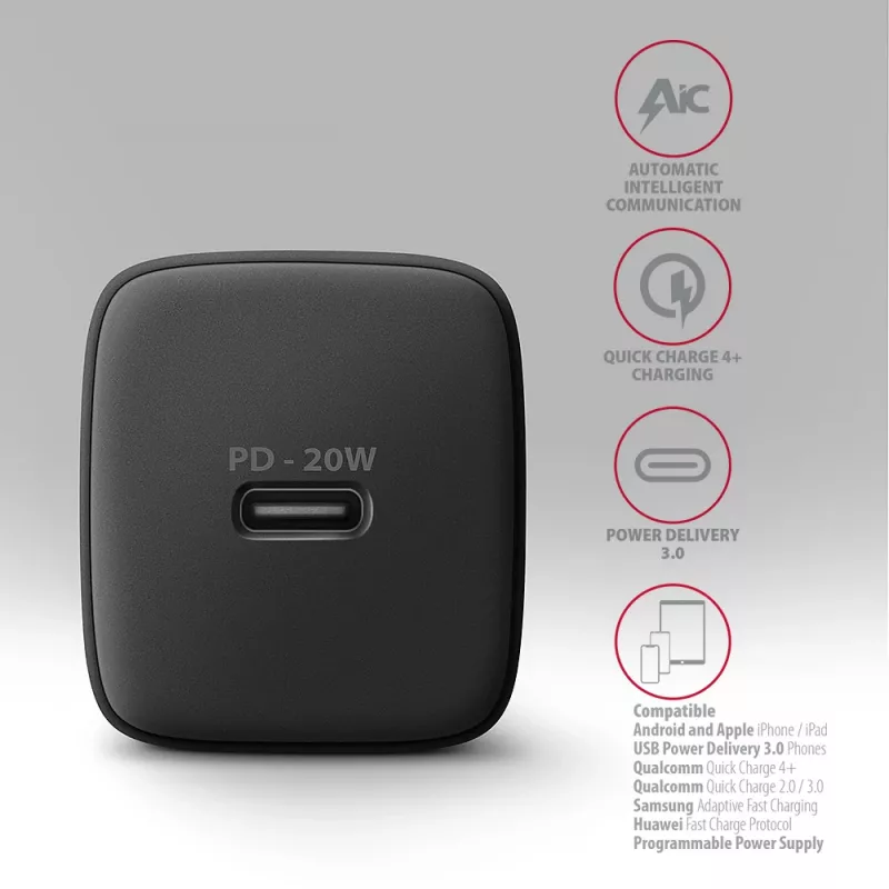 Ładowarka sieciowa Axagon ACU-PD20 1x QC3.0/AFC/FCP/PD Type-C 20 W czarna