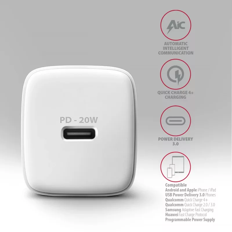 Ładowarka sieciowa Axagon ACU-PD20W 1x QC3.0/AFC/FCP/PD USB-C 20W biała