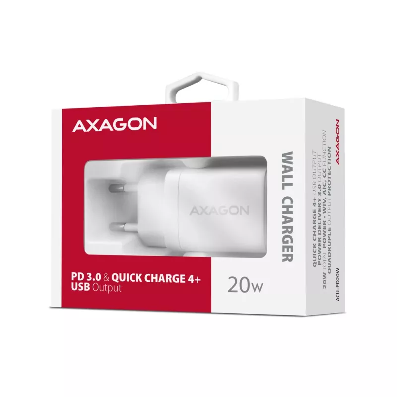 Ładowarka sieciowa Axagon ACU-PD20W 1x QC3.0/AFC/FCP/PD USB-C 20W biała