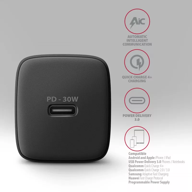 Axagon ACU-PD30 PD3.0 & QC4+ 1x OUTPUT ładowarka sieciowa 30W, Wewnętrzna, AC, Czarna