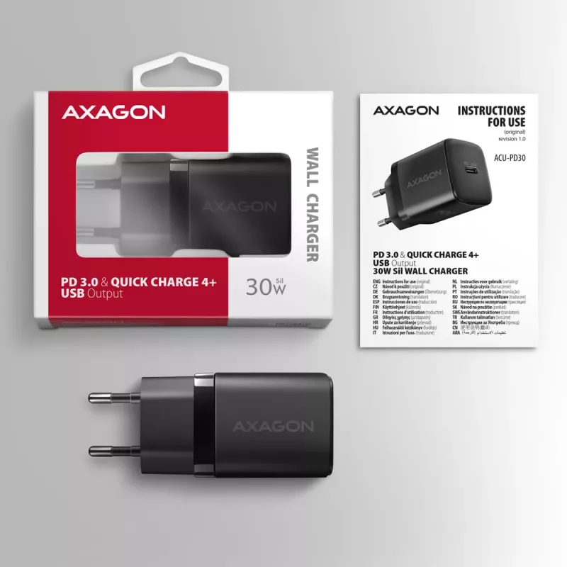 Axagon ACU-PD30 PD3.0 & QC4+ 1x OUTPUT ładowarka sieciowa 30W, Wewnętrzna, AC, Czarna