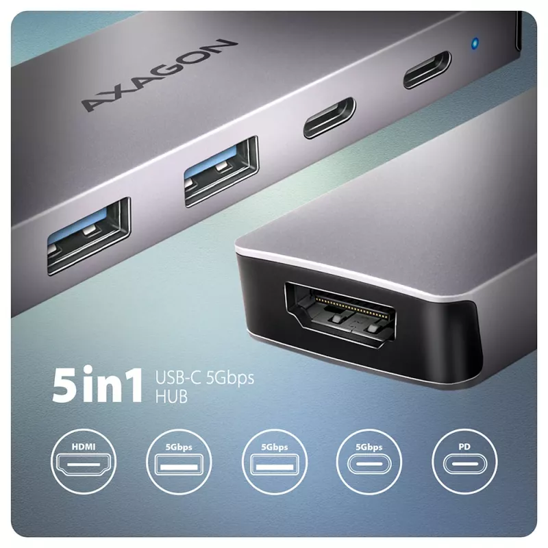 Axagon HMC-5H60 hub USB 5Gbps, 2x USB-A, 1x USB-C, HDMI 4k/60Hz, PD 100W, kabel USB-C