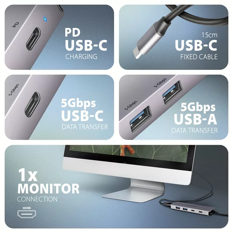Axagon HMC-5H60 hub USB 5Gbps, 2x USB-A, 1x USB-C, HDMI 4k/60Hz, PD 100W, kabel USB-C