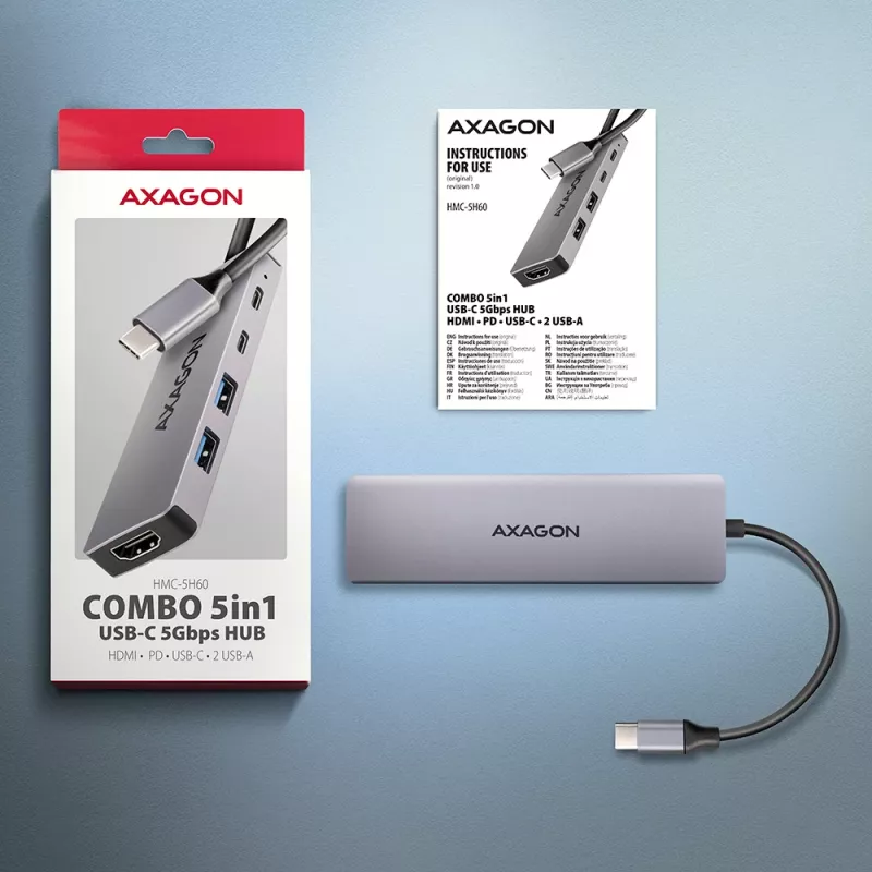 Axagon HMC-5H60 hub USB 5Gbps, 2x USB-A, 1x USB-C, HDMI 4k/60Hz, PD 100W, kabel USB-C