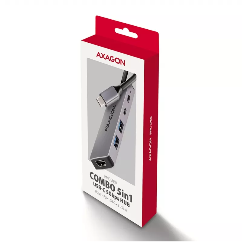 Axagon HMC-5H60 hub USB 5Gbps, 2x USB-A, 1x USB-C, HDMI 4k/60Hz, PD 100W, kabel USB-C
