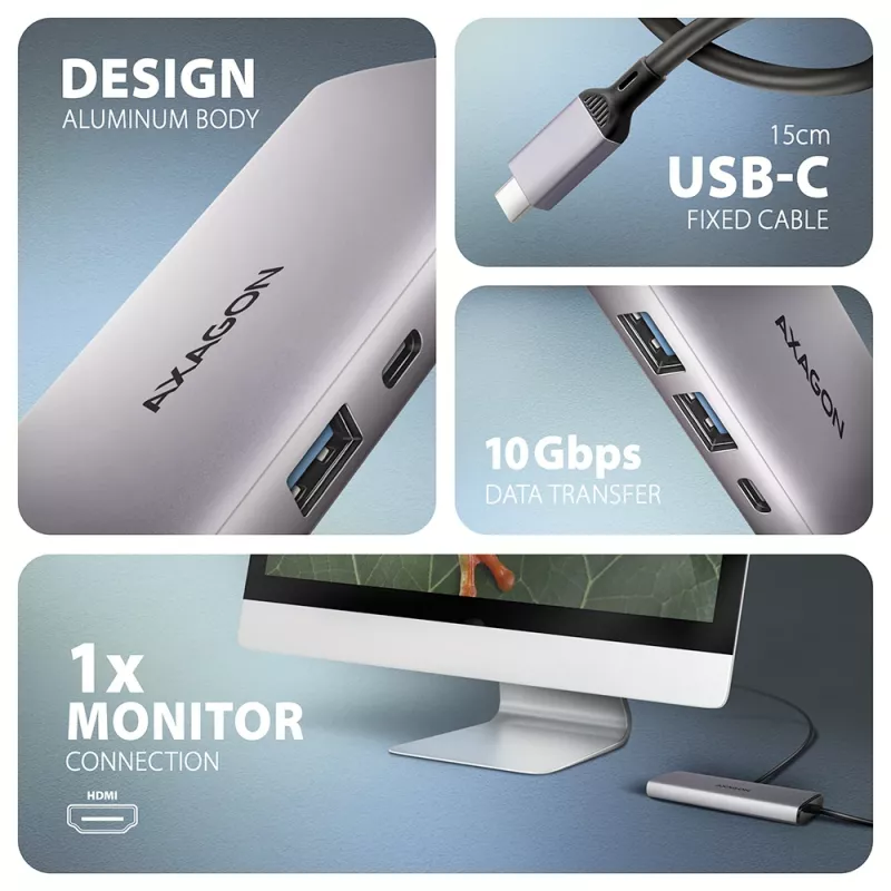 Axagon HMC-6G2L USB 10Gbps hub, 2x USB-A, 1x USB-C, HDMI 4k/60Hz, RJ-45, PD 100W