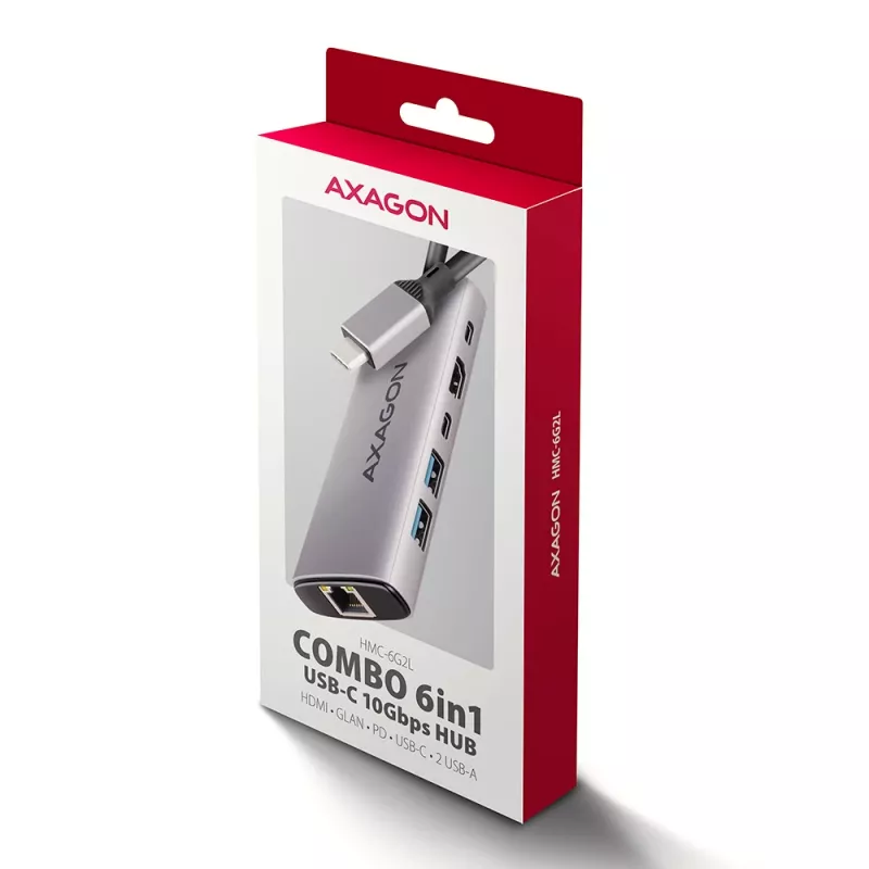 Axagon HMC-6G2L USB 10Gbps hub, 2x USB-A, 1x USB-C, HDMI 4k/60Hz, RJ-45, PD 100W
