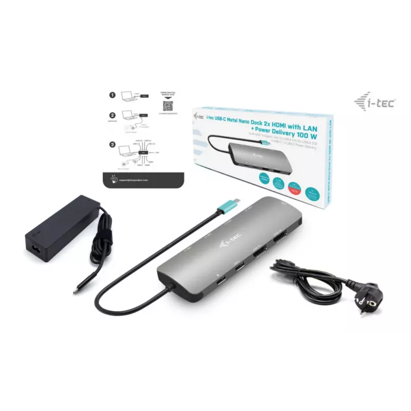 i-tec Metal USB-C Nano 2x Display Docking Station z PD 100 W + Ładowarka 100W