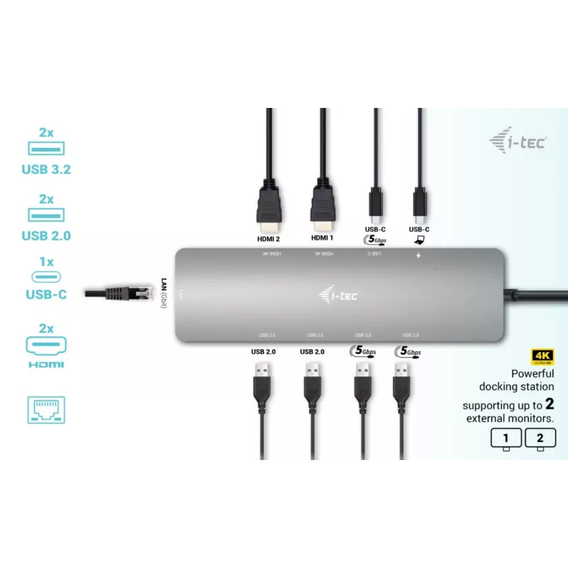 i-tec Metal USB-C Nano 2x Display Docking Station z PD 100 W + Ładowarka 100W