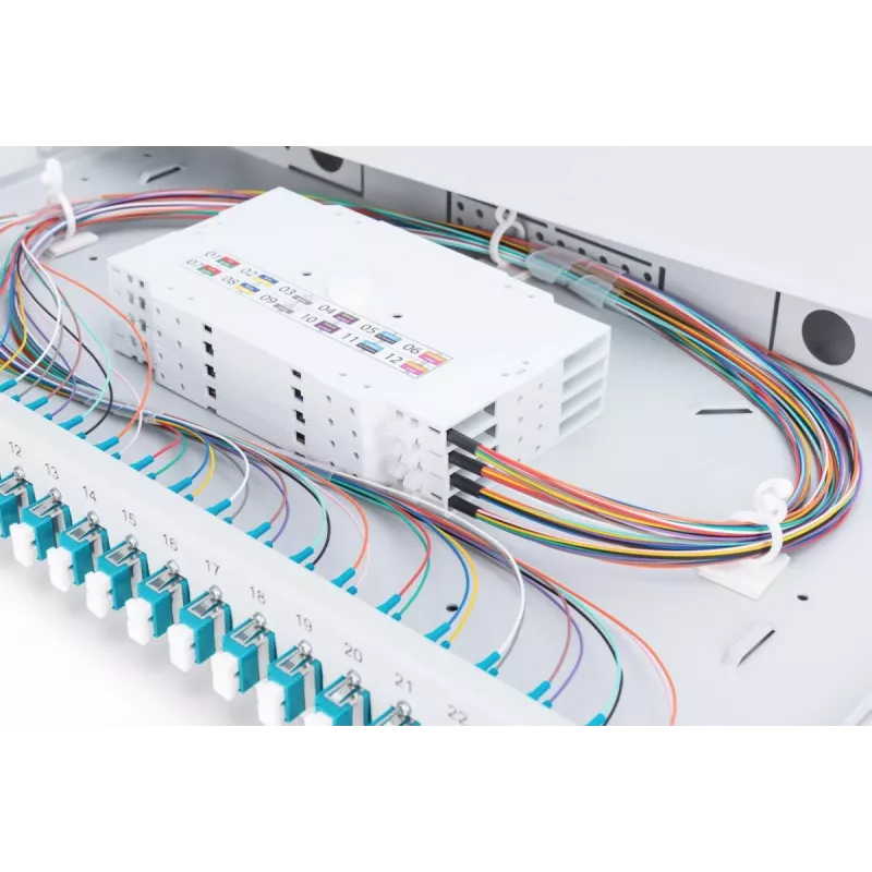 DIGITUS Fiber Optic Sliding Splice Box, 1U, Equipped 24x LC duplex, incl. M 25 Screw, Splice Cassette OM3 Color Pigtails, Adapter