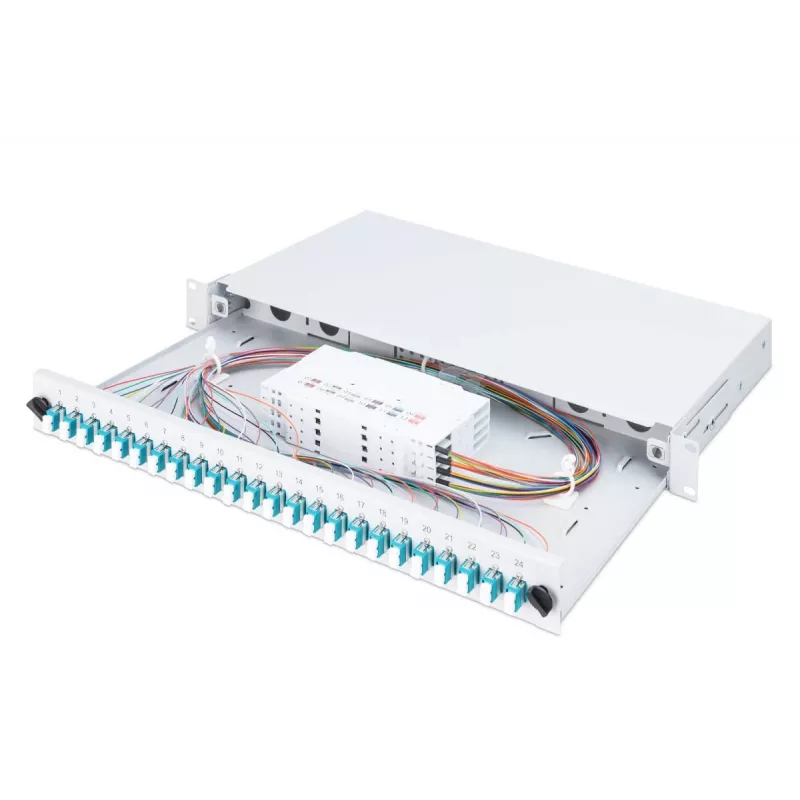 DIGITUS Fiber Optic Sliding Splice Box, 1U, Equipped 24x LC duplex, incl. M 25 Screw, Splice Cassette OM3 Color Pigtails, Adapter