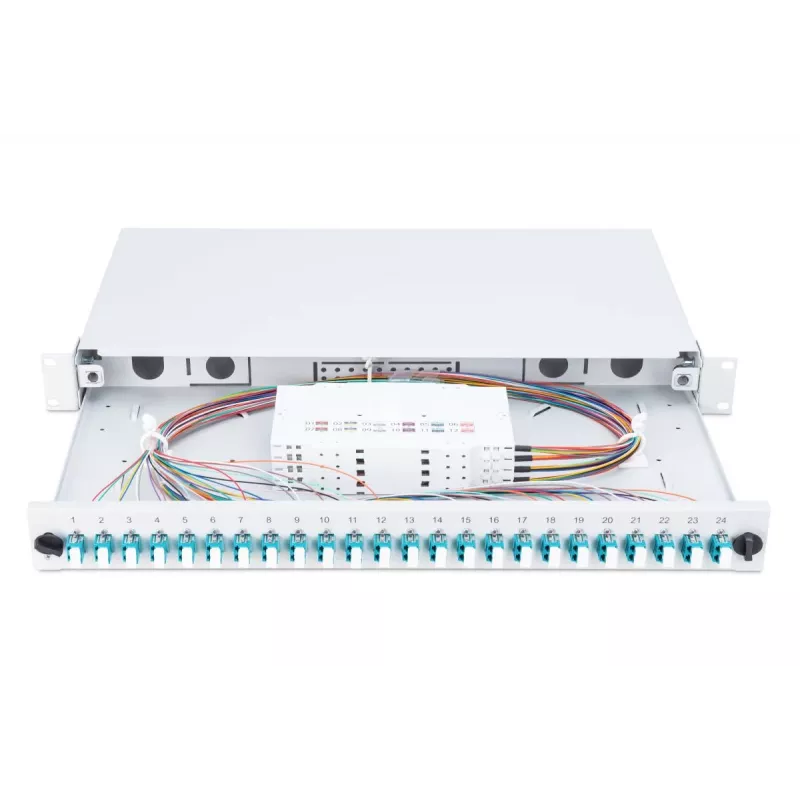 DIGITUS Fiber Optic Sliding Splice Box, 1U, Equipped 24x LC duplex, incl. M 25 Screw, Splice Cassette OM3 Color Pigtails, Adapter