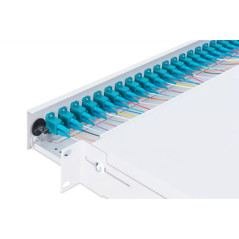 DIGITUS Fiber Optic Sliding Splice Box, 1U, Equipped 24x LC duplex, incl. M 25 Screw, Splice Cassette OM3 Color Pigtails, Adapter
