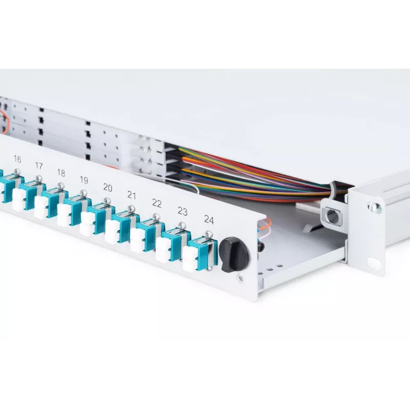 DIGITUS Fiber Optic Sliding Splice Box, 1U, Equipped 24x LC duplex, incl. M 25 Screw, Splice Cassette OM3 Color Pigtails, Adapter