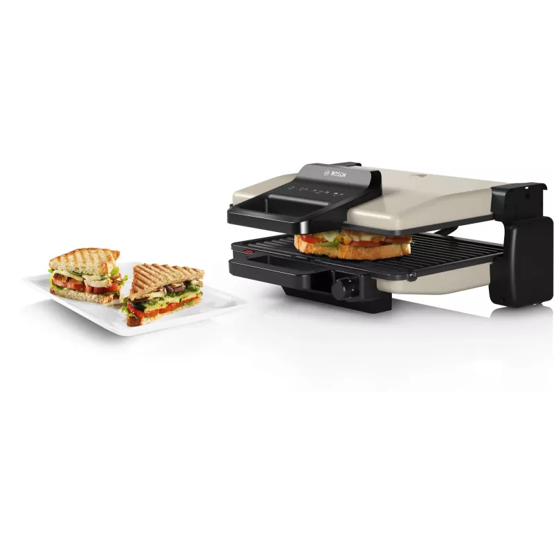 Grill kontaktowy Bosch TCG3302 2000W z ceramicznymi płytami 310x220 mm, regulowanym termostatem, wyjmowanymi płytami nadającymi się do mycia w zmywarce