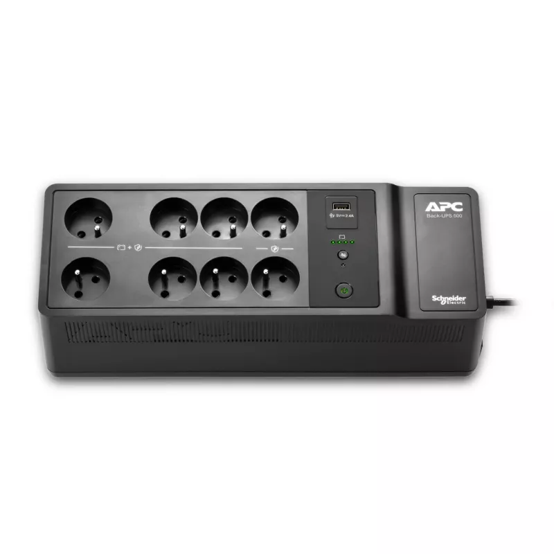 APC Back-UPS, 500VA/300W montaż na podłodze/ścianie, 230V, 8 gniazd francuskich/belgijskich, port USB typu A, wymienna bateria