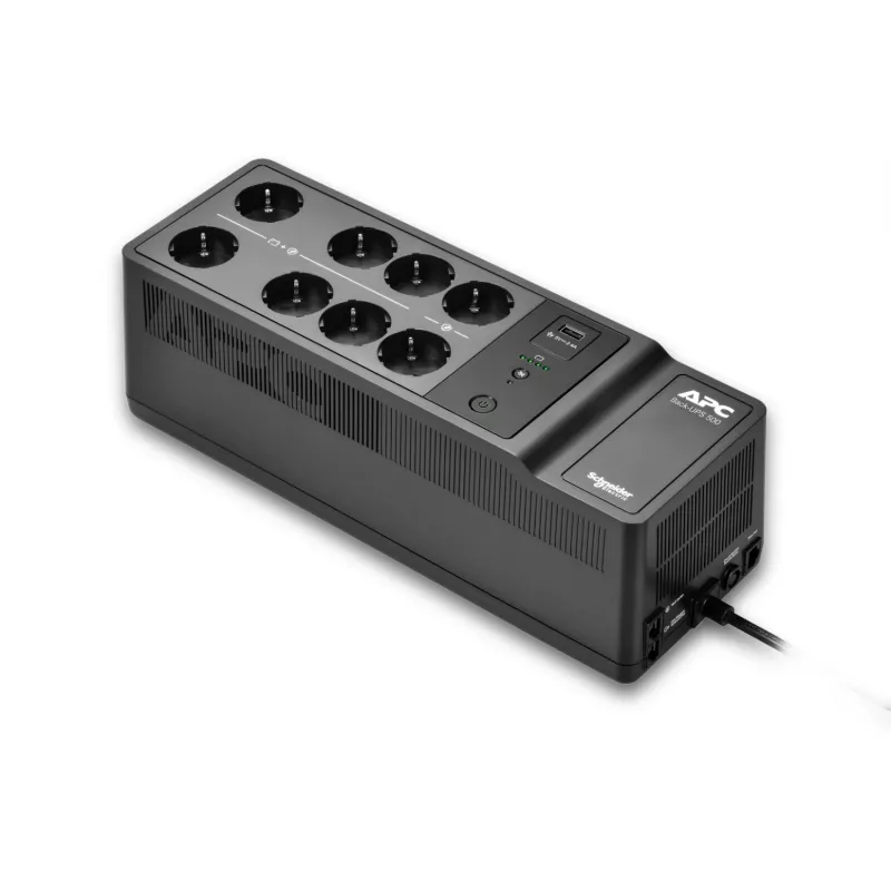 APC Back-UPS, 500VA/300W montaż na podłodze/ścianie, 230V, 8x gniazda CEE 7/3 Schuko, port USB typu A, wymienialna bateria