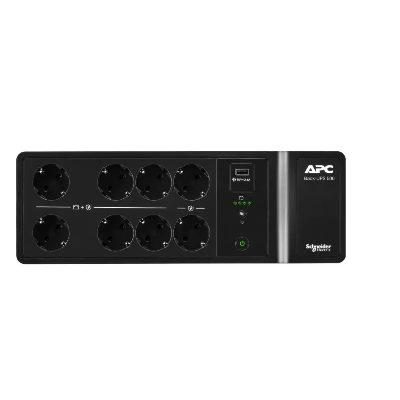 APC Back-UPS, 500VA/300W montaż na podłodze/ścianie, 230V, 8x gniazda CEE 7/3 Schuko, port USB typu A, wymienialna bateria