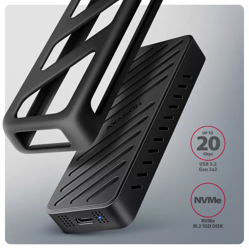 Axagon EEM2-20G USB-C 20Gbps - M.2 NVMe SSD ARMORED box, obudowa SSD, M.2, M.2, NVMe-oF, PCI Express, 20 Gbit/s, łączność USB, czarny