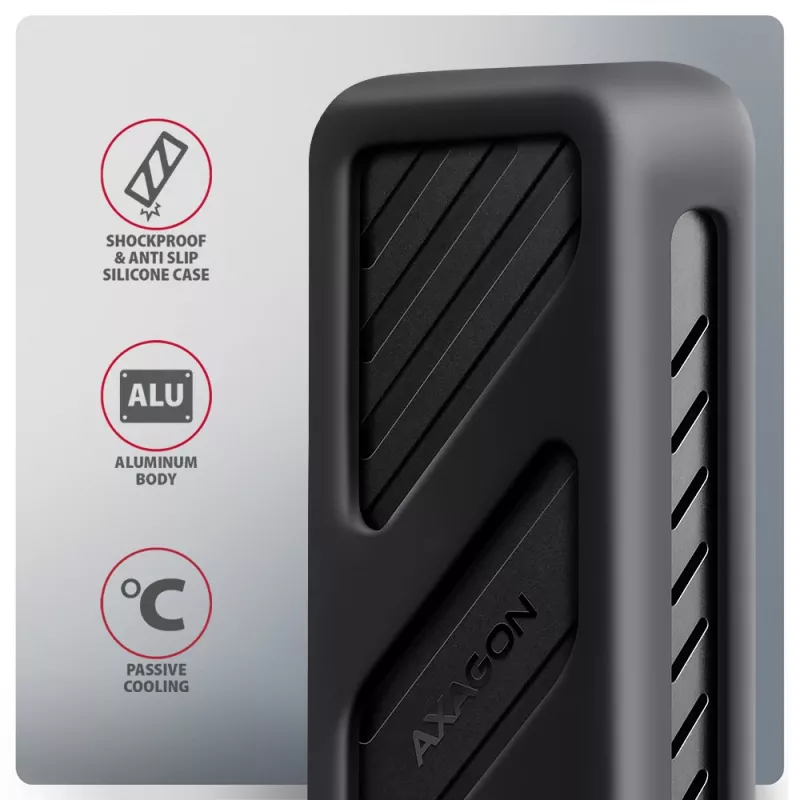 Axagon EEM2-20G USB-C 20Gbps - M.2 NVMe SSD ARMORED box, obudowa SSD, M.2, M.2, NVMe-oF, PCI Express, 20 Gbit/s, łączność USB, czarny
