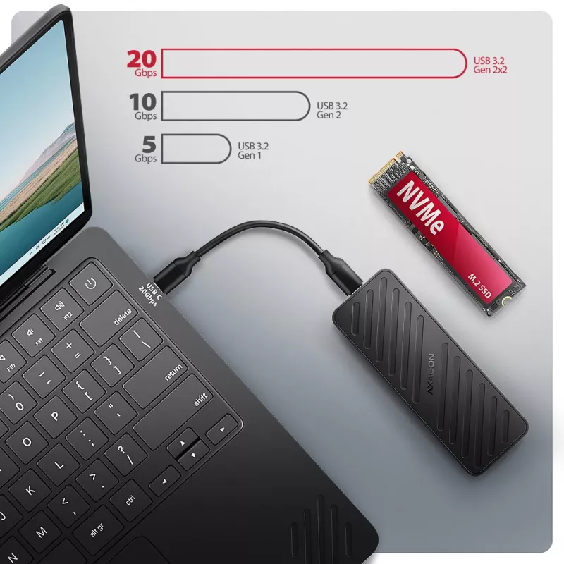 Axagon EEM2-20G USB-C 20Gbps - M.2 NVMe SSD ARMORED box, obudowa SSD, M.2, M.2, NVMe-oF, PCI Express, 20 Gbit/s, łączność USB, czarny