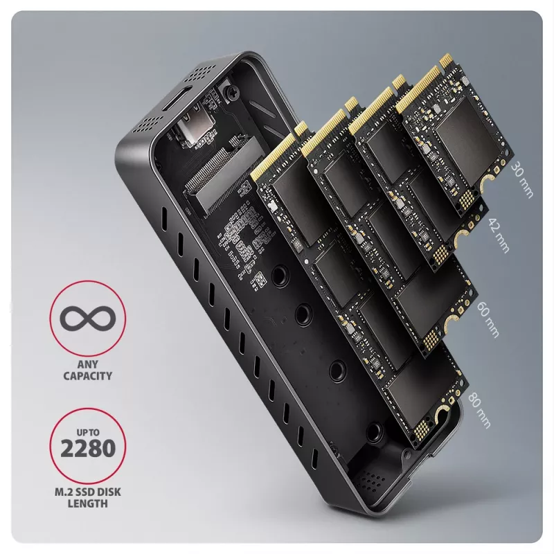 Axagon EEM2-20G USB-C 20Gbps - M.2 NVMe SSD ARMORED box, obudowa SSD, M.2, M.2, NVMe-oF, PCI Express, 20 Gbit/s, łączność USB, czarny