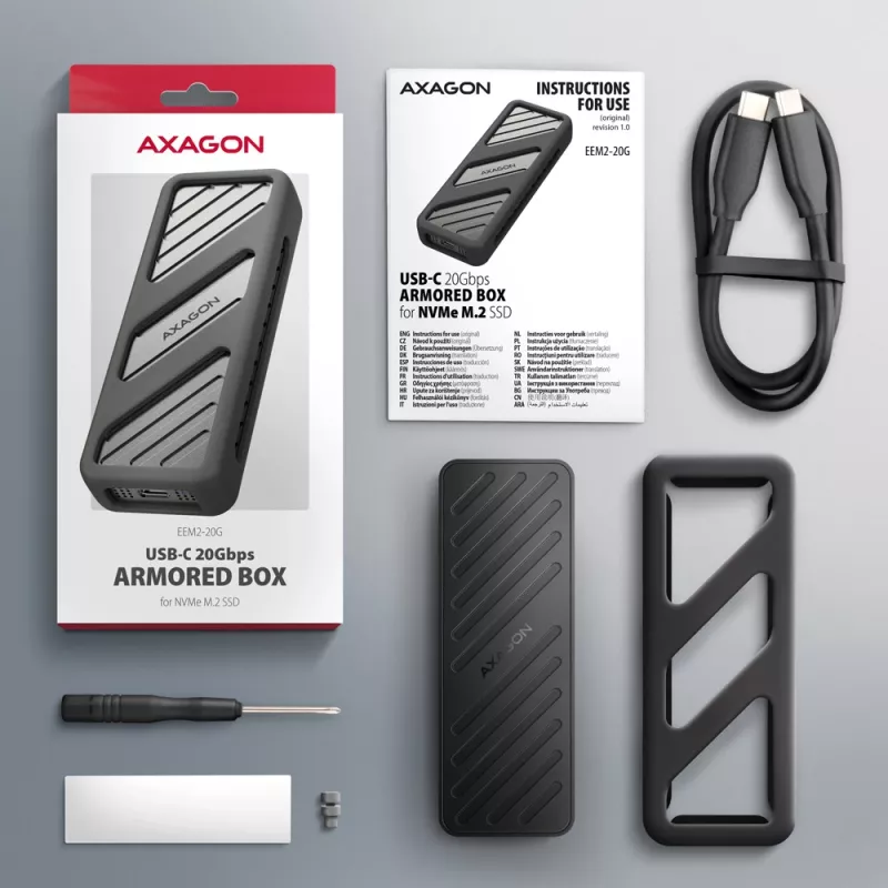 Axagon EEM2-20G USB-C 20Gbps - M.2 NVMe SSD ARMORED box, obudowa SSD, M.2, M.2, NVMe-oF, PCI Express, 20 Gbit/s, łączność USB, czarny