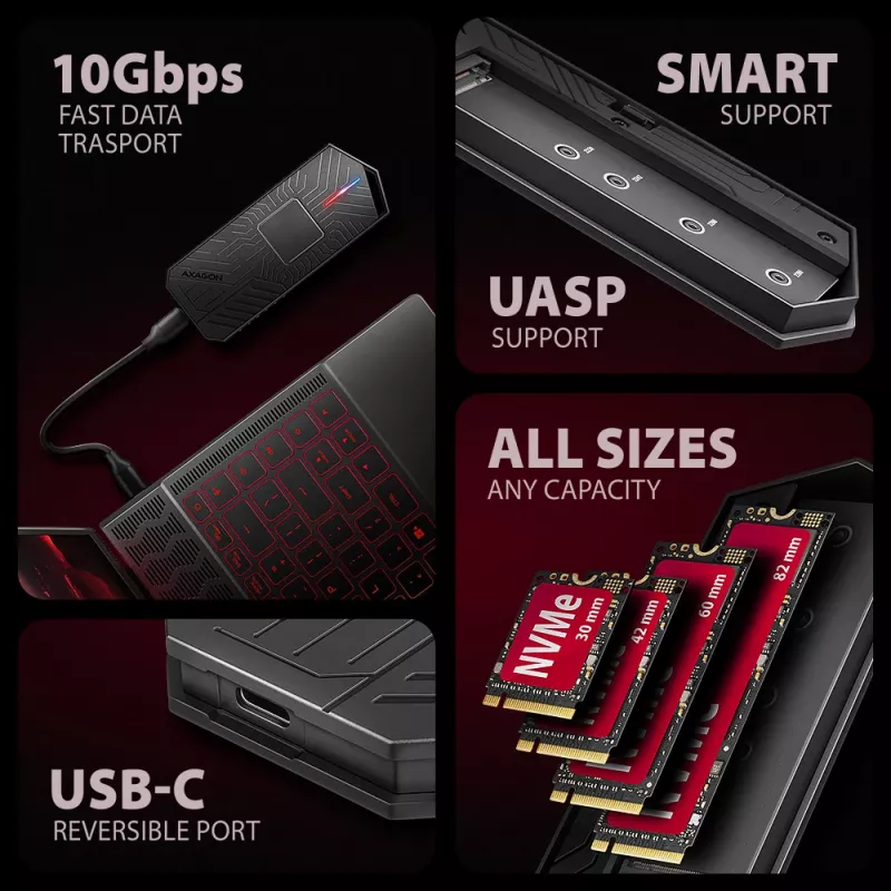 Axagon EEM2-GAM zewnętrzna metalowa obudowa USB-C 10 Gb/s dla dysków SSD M.2 NVMe i SATA. Beznarzędziowa