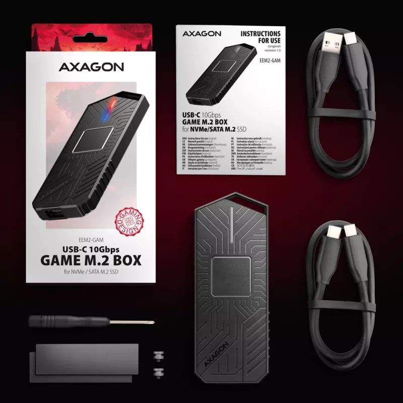 Axagon EEM2-GAM zewnętrzna metalowa obudowa USB-C 10 Gb/s dla dysków SSD M.2 NVMe i SATA. Beznarzędziowa