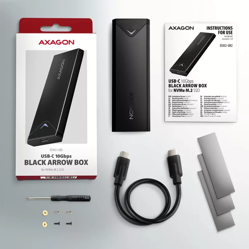Axagon EEM2-UB2 Zewnętrzna metalowa obudowa USB-C 10Gbps dla dysków M.2 NVMe SSD. Czarna