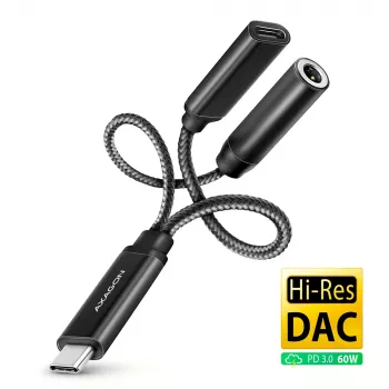 Axagon ADA-HCPD USB-C na jack 3,5 mm – adapter audio Hi-Res DAC, 384 kHz/32 bity, PD 60 W 3 A