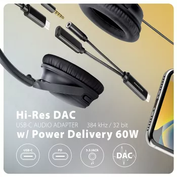 Axagon ADA-HCPD USB-C na jack 3,5 mm – adapter audio Hi-Res DAC, 384 kHz/32 bity, PD 60 W 3 A