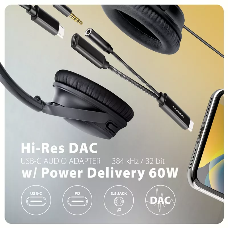 Axagon ADA-HCPD USB-C na jack 3,5 mm – adapter audio Hi-Res DAC, 384 kHz/32 bity, PD 60 W 3 A