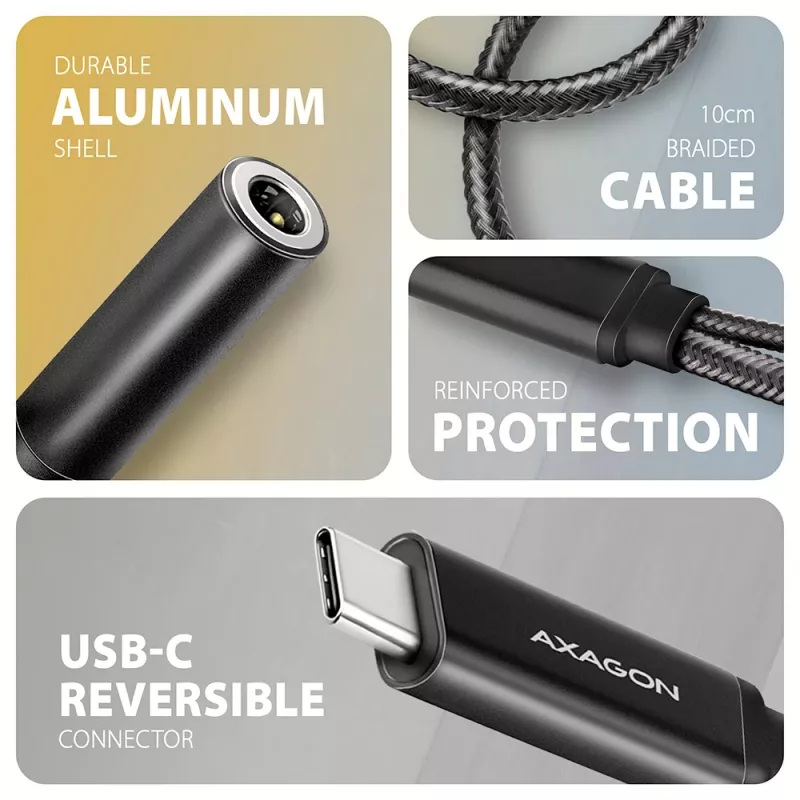 Axagon ADA-HCPD USB-C na jack 3,5 mm – adapter audio Hi-Res DAC, 384 kHz/32 bity, PD 60 W 3 A